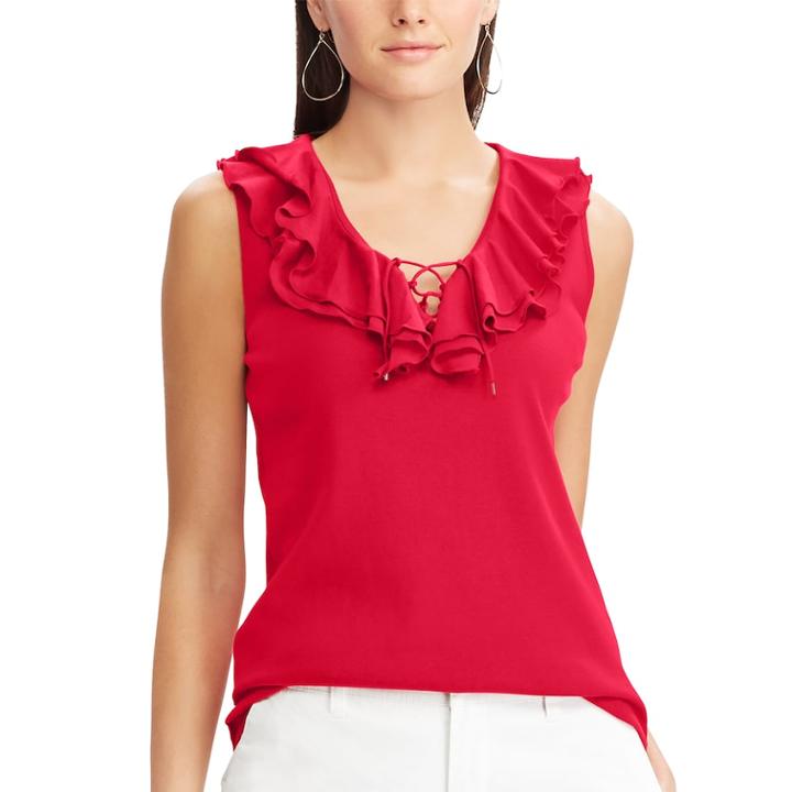 Women's Chaps Ruffle Lace-up Tank, Size: Large, Red
