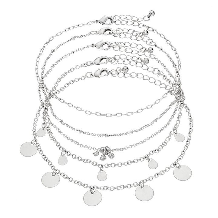 Mudd&reg; Shaky Disc & Simulated Crystal Anklet Set, Women's, Silver