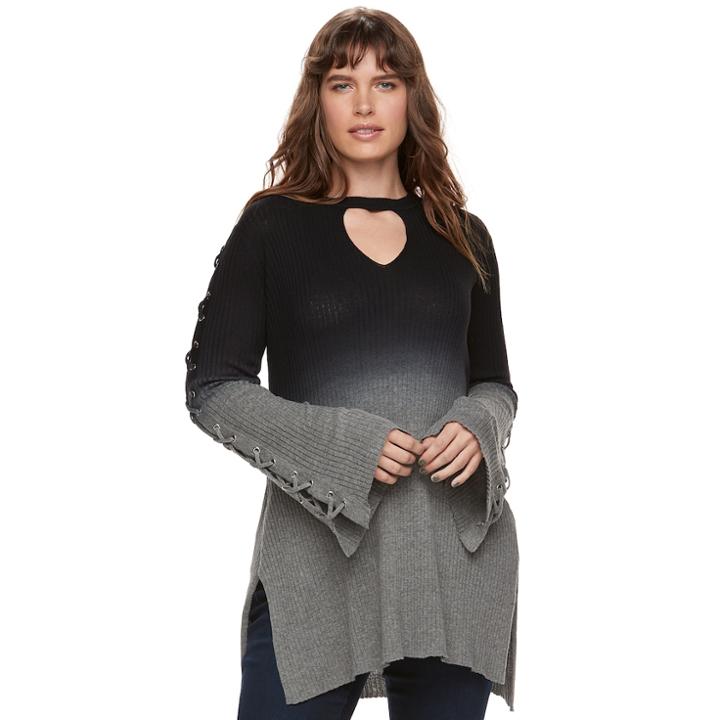 Plus Size Rock & Republic&reg; Dip-dyed Lace Up Sweater, Women's, Size: 0x, Med Grey