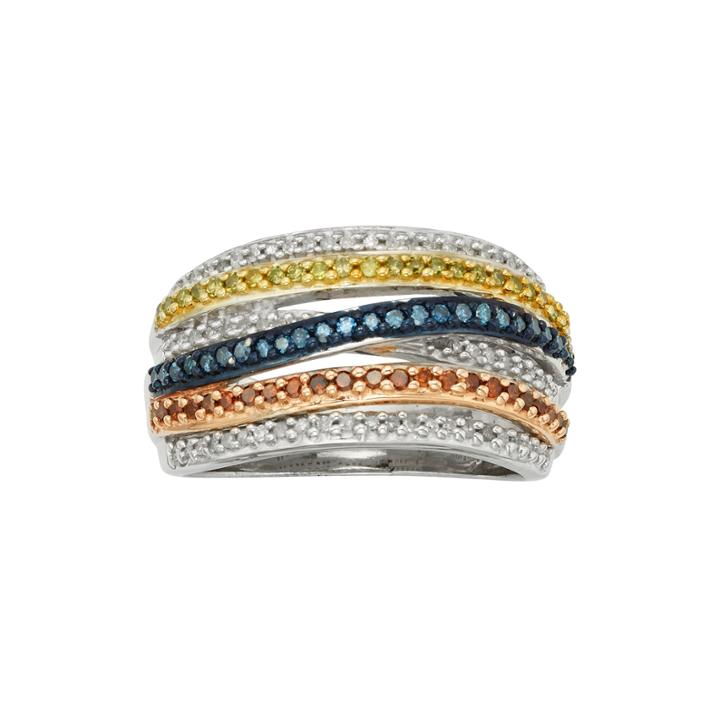 Sterling Silver 1/2-ct. T.w. Blue, Red, Yellow And White Diamond Crisscross Ring, Women's, Size: 6, Multicolor