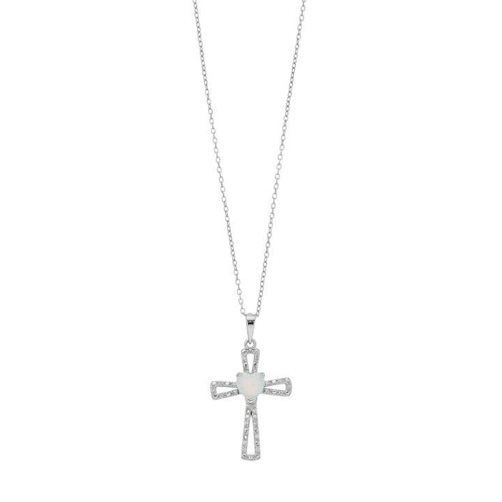 Radiant Gem Sterling Silver Lab-created Opal & Diamond Accent Cross Pendant Necklace, Women's, Size: 18, White