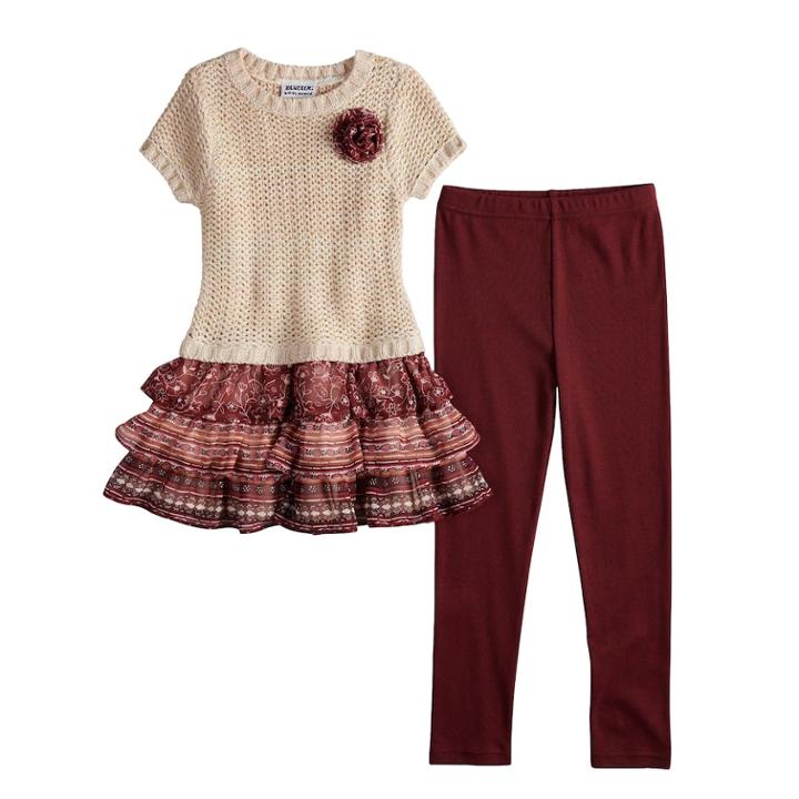 Girls 4-6x Blueberi Boulevard Tiered Sweaterdress & Leggings Set, Size: 5, Light Pink Burgundy