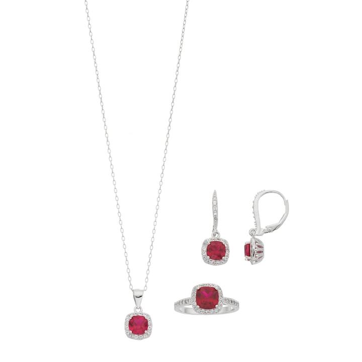 Sterling Silver Lab-created Ruby & White Sapphire Halo Jewelry Set, Women's, Size: 6, Red