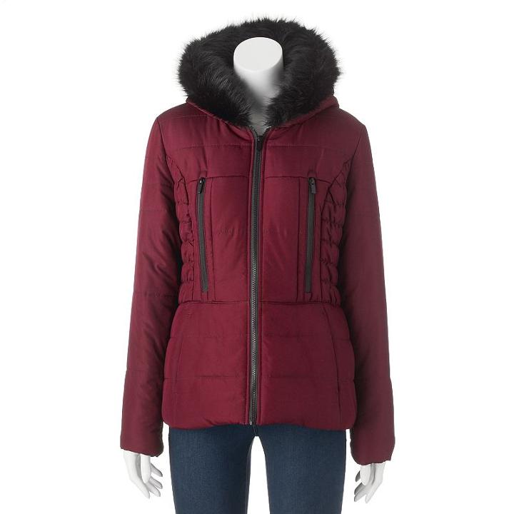 Juniors' Pink Envelope Faux-fur Puffer Jacket, Girl's, Size: Xs, Red
