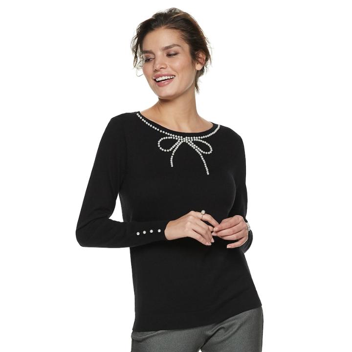 Women's Elle&trade; Simulated-pear Bow Sweater, Size: Xl, Black