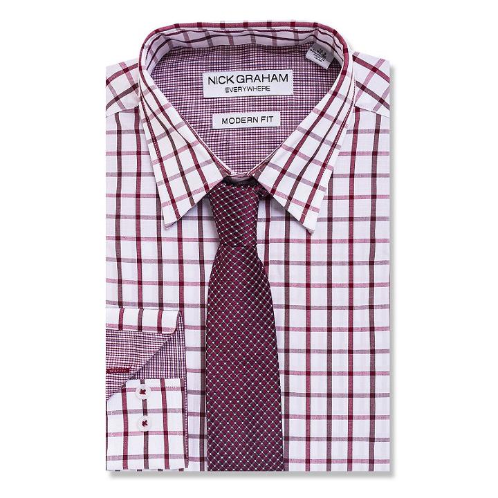 Men's Nick Graham Everywhere Modern-fit Dress Shirt And Tie Boxed Set, Size: L-34/35, Light Red