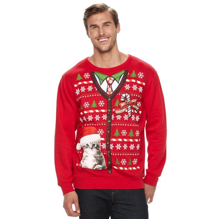 Big & Tall Kitty Kardigan Fleece Holiday Sweatshirt, Men's, Size: 3xl Tall, Brt Red
