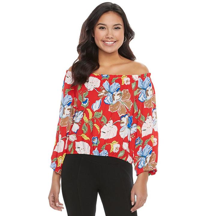 Juniors' Candie's&reg; Print Off-the-shoulder Top, Girl's, Size: Small, Brt Red