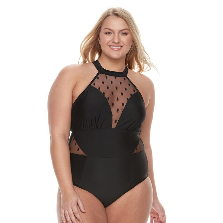 Plus Size Tummy Slimmer Mesh Dot One-piece Swimsuit, Teens, Size: 1xl, Black