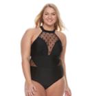 Plus Size Tummy Slimmer Mesh Dot One-piece Swimsuit, Teens, Size: 1xl, Black