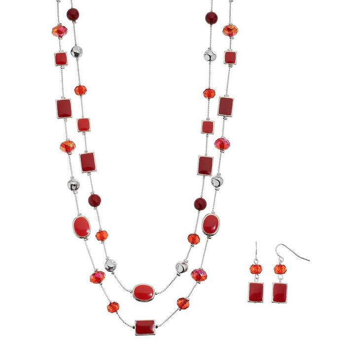 Red Beaded Geometric Double Strand Necklace & Earring Set, Women's