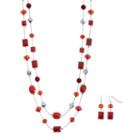 Red Beaded Geometric Double Strand Necklace & Earring Set, Women's