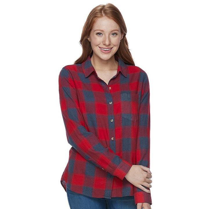 Juniors' So&reg; Pocket Plaid Flannel Shirt, Teens, Size: Medium, Med Red