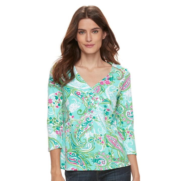 Women's Caribbean Joe Abstract 3/4 Sleeve Top, Size: Medium, Turquoise/blue (turq/aqua)