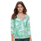 Women's Caribbean Joe Abstract 3/4 Sleeve Top, Size: Medium, Turquoise/blue (turq/aqua)