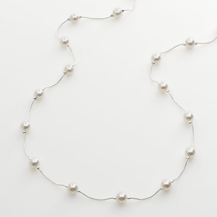 Silver Tone Simulated Pearl Long Necklace, Women's, Grey