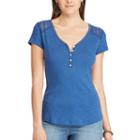 Women's Chaps Lace Yoke Henley, Size: Xs, Blue