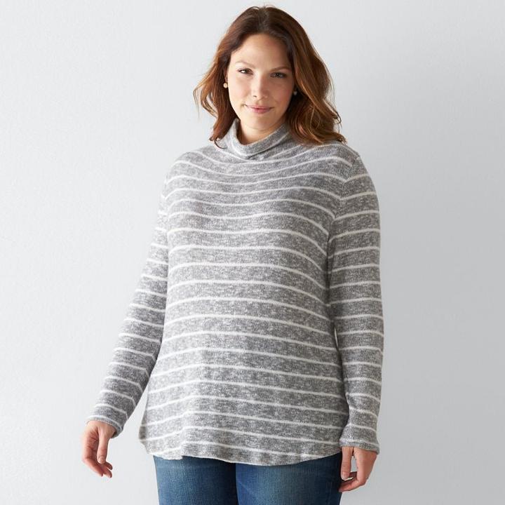Plus Size Sonoma Goods For Life&trade; Striped Mockneck Sweater, Women's, Size: 1xl, Dark Grey