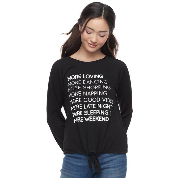 Juniors' Awake Tie-front More Graphic Top, Teens, Size: Small, Black