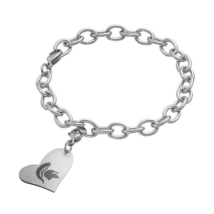 Fiora Stainless Steel Michigan State Spartans Heart Charm Bracelet, Women's, Size: 8, Grey