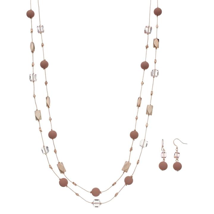 Bead Long Station Necklace & Drop Earring Set, Women's, Light Pink
