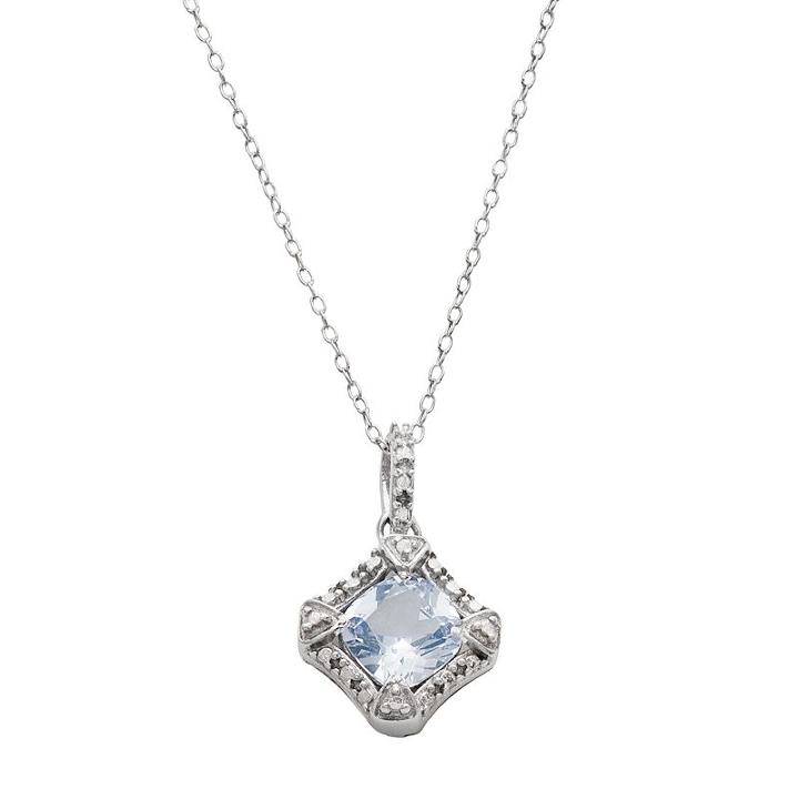 Radiant Gem Sterling Silver Simulated Aquamarine & Diamond Accent Halo Pendant Necklace, Women's, Size: 18, Blue
