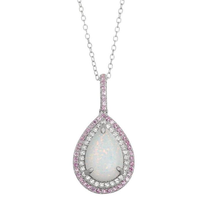 Sterling Silver Lab-created Opal & Lab-created Sapphire Halo Teardrop Pendant, Women's, Size: 18, White