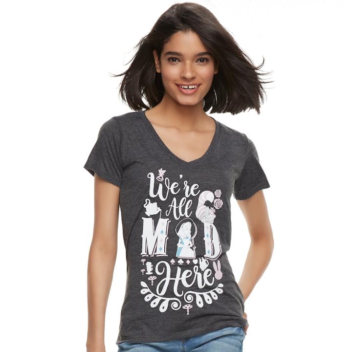 Disney's Alice In Wonderland Juniors' We're All Mad Here V-neck Tee, Teens, Size: Medium, Grey