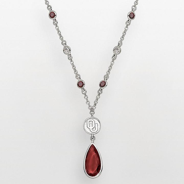 Oklahoma Sooners Silver Tone Crystal Logo Teardrop Y Necklace, Women's, Red