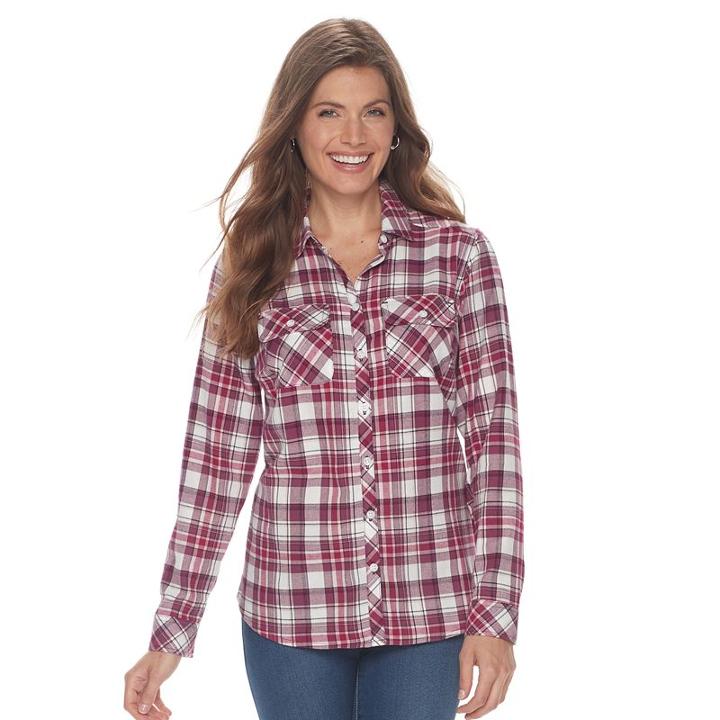 Petite Croft & Barrow® Flannel Plaid Button-down Shirt, Women's, Size: L Petite, Med Purple