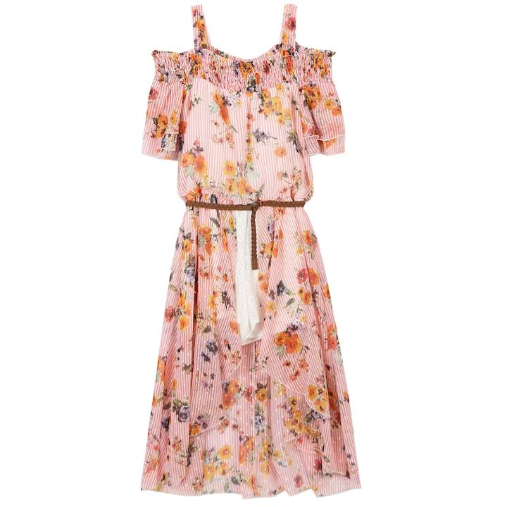 Girls 7-16 Speechless Floral & Striped Cold Shoulder Belted Maxi Romper, Size: 7, Med Pink