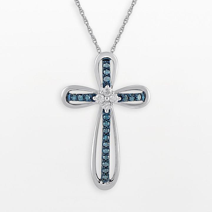 10k White Gold 1/5-ct. T.w. Blue And White Diamond Cross Pendant, Women's