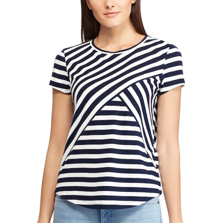 Petite Chaps Striped Crewneck Tee, Women's, Size: M Petite, Blue (navy)