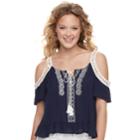 Juniors' Love, Fire Ruffle Hem Cold Shoulder Top, Teens, Size: Xs, Blue (navy)