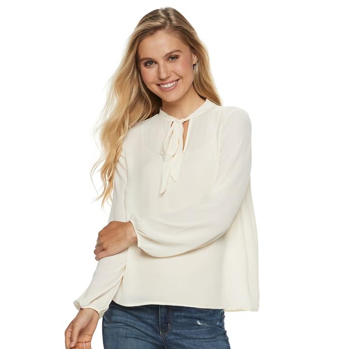 Juniors' Grayson Threads Tie Neck Woven Top, Teens, Size: Small, Lt Beige