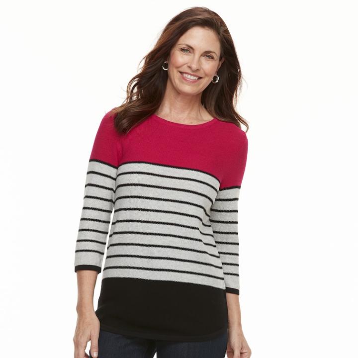 Women's Croft & Barrow&reg; Striped Crewneck Sweater, Size: Xl, Dark Pink
