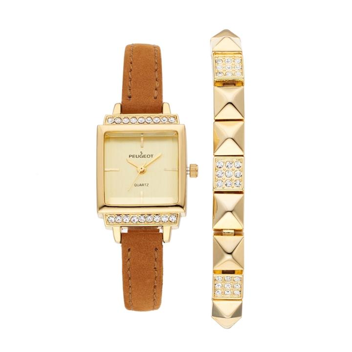 Peugeot Women's Crystal Leather Watch & Bracelet Set, Brown
