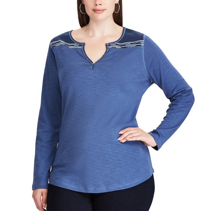 Plus Size Chaps Embroidered Rib-knit Henley Top, Women's, Size: 2xl, Blue