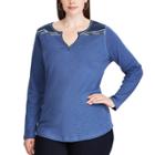 Plus Size Chaps Embroidered Rib-knit Henley Top, Women's, Size: 2xl, Blue