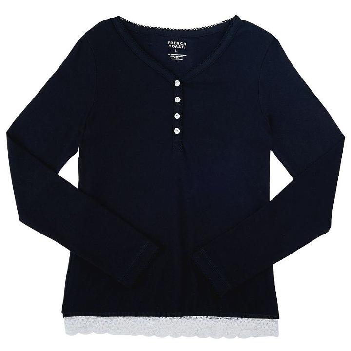 Girls Plus Size French Toast Scalloped Lace Henley, Girl's, Size: 14-16 Plus, Black