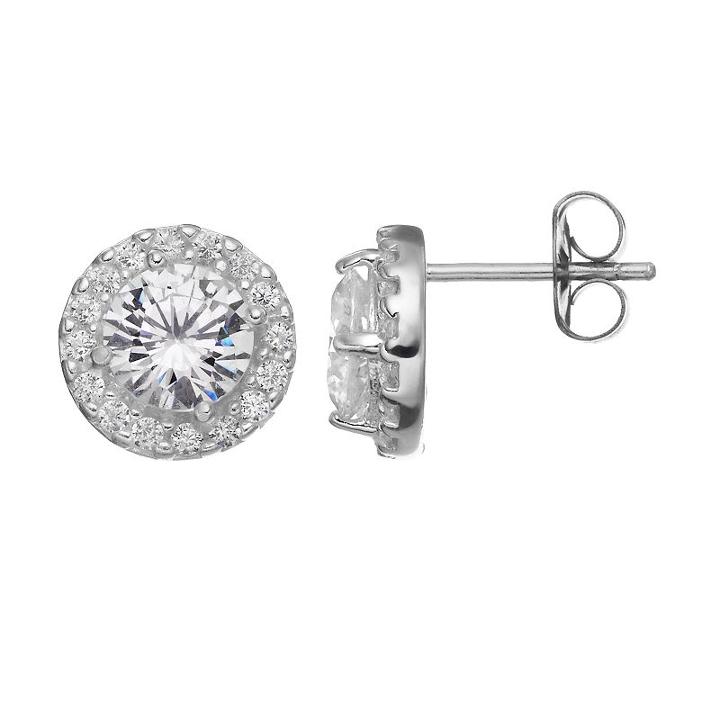Cubic Zirconia Sterling Silver Halo Stud Earrings, Women's, Grey