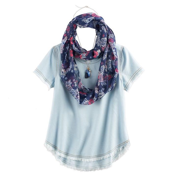 Girls 7-16 Self Esteem Fray Edge Tee & Infinity Scarf Set With Necklace, Size: Large, Blue Other