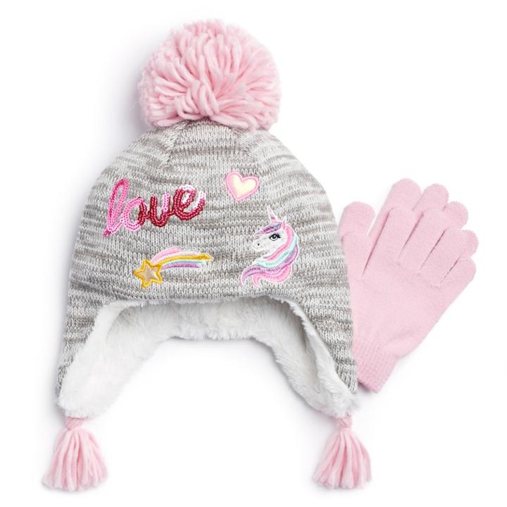 Girls 4-16 So&reg; Love Pom Top Hat & Gloves Set, Size: S-m, Dark Grey