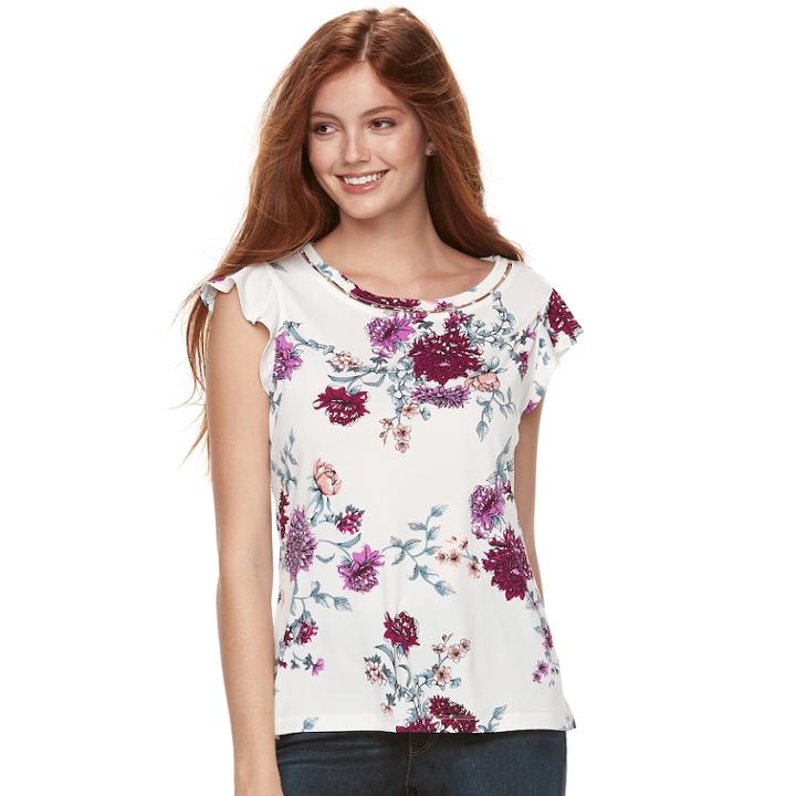Juniors' Candie's&reg; Simulated Pearl-trim Flutter Tee, Teens, Size: Xs, White