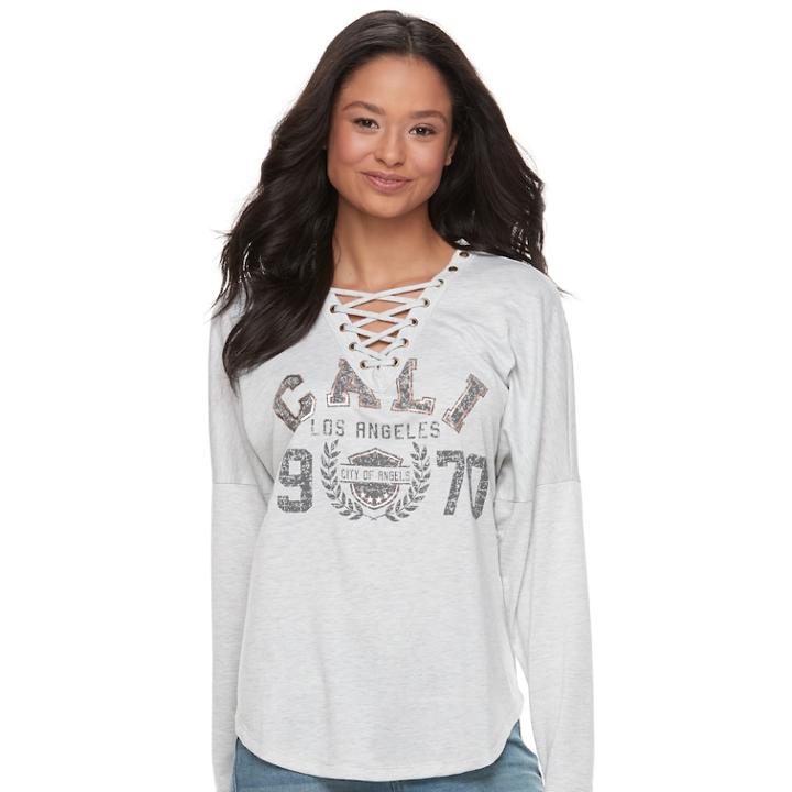 Juniors' About A Girl Hi-lo Lace-up Tee, Size: Large, Lt Beige
