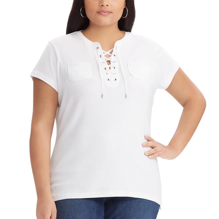 Plus Size Chaps Lace-up Top, Women's, Size: 3xl, White
