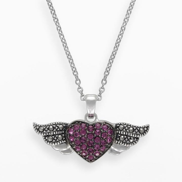 Lavish By Tjm Sterling Silver Pink Crystal Angel Heart Pendant - Made With Swarovski Marcasite, Women's, Size: 18