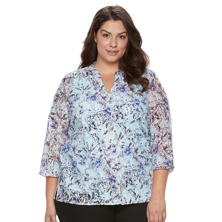 Plus Size Napa Valley Print Lace Top With Tank, Women's, Size: 2xl, Blue