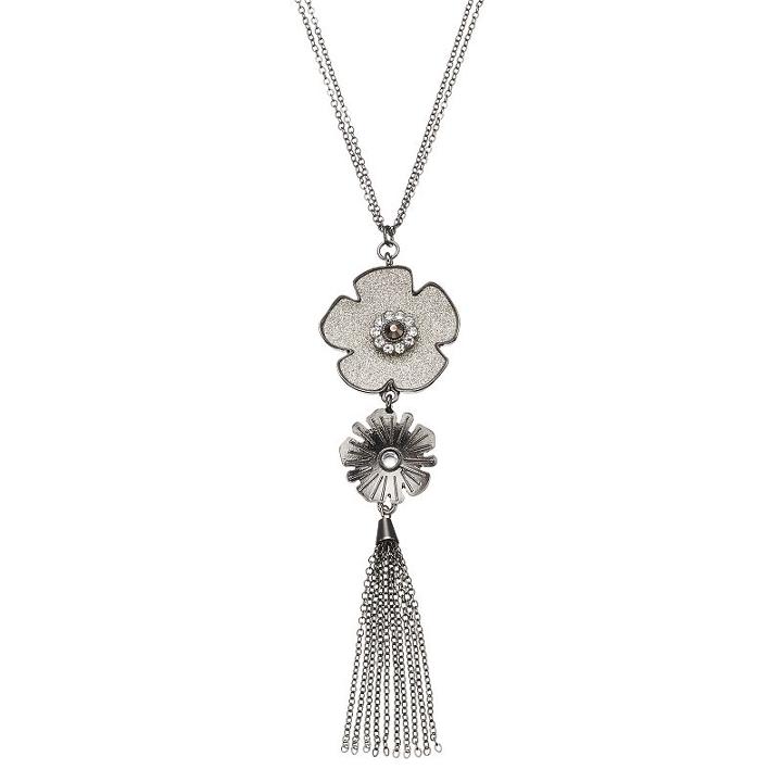 Long Glittery Flower Tassel Pendant Necklace, Women's, Black