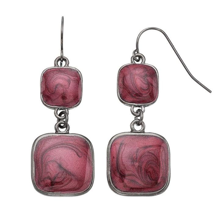 Red Swirl Square Nickel Free Double Drop Earrings, Women's, Dark Red